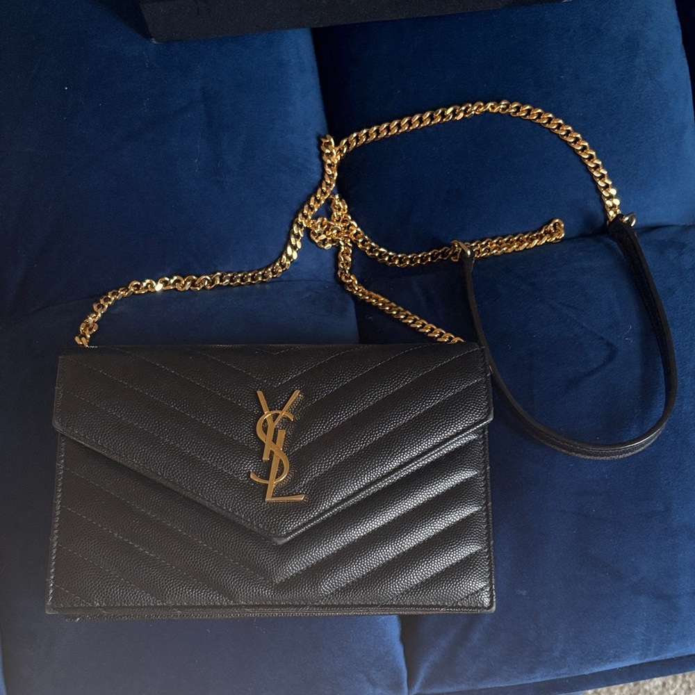 Yves Saint Laurent Black Chevron Crossbody Bag with Gold Chain